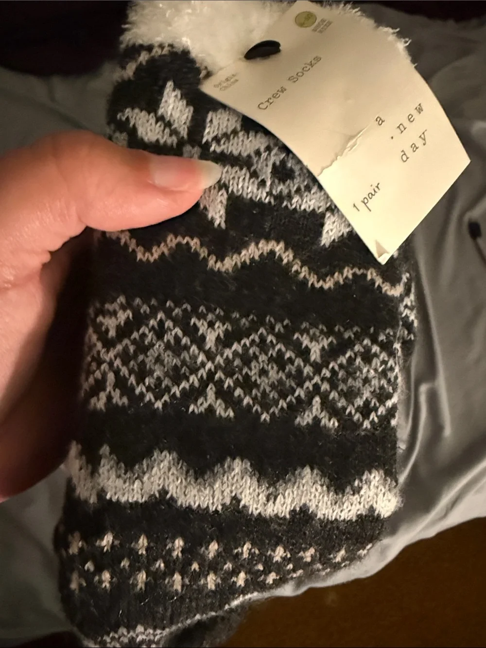 a new day Gray Fair Isle Sherpa-Lined Crew Socks with White Cuff